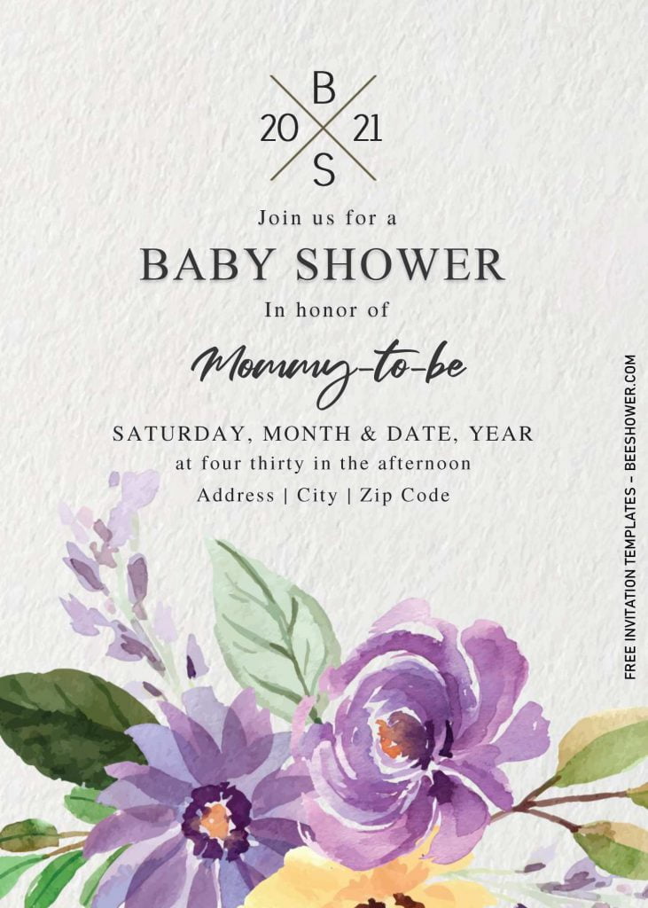 Classy Monogram Baby Shower Invitation Templates - Editable With MS Word and has purple roses