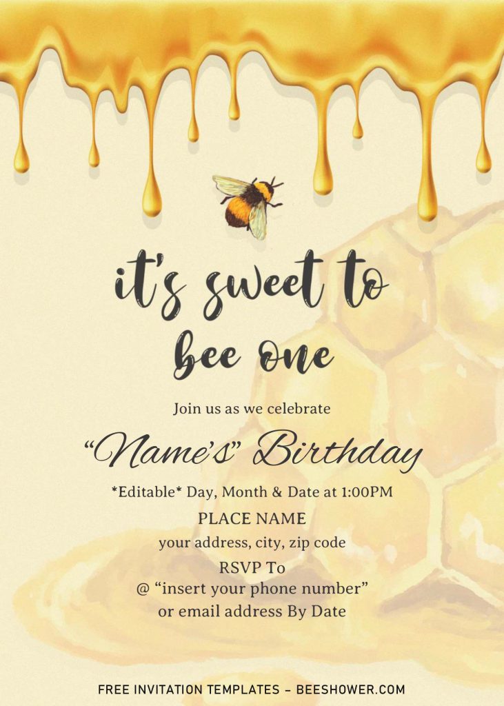 First Bee Day Baby Shower Invitation Templates For Word and has watercolor honeycomb
