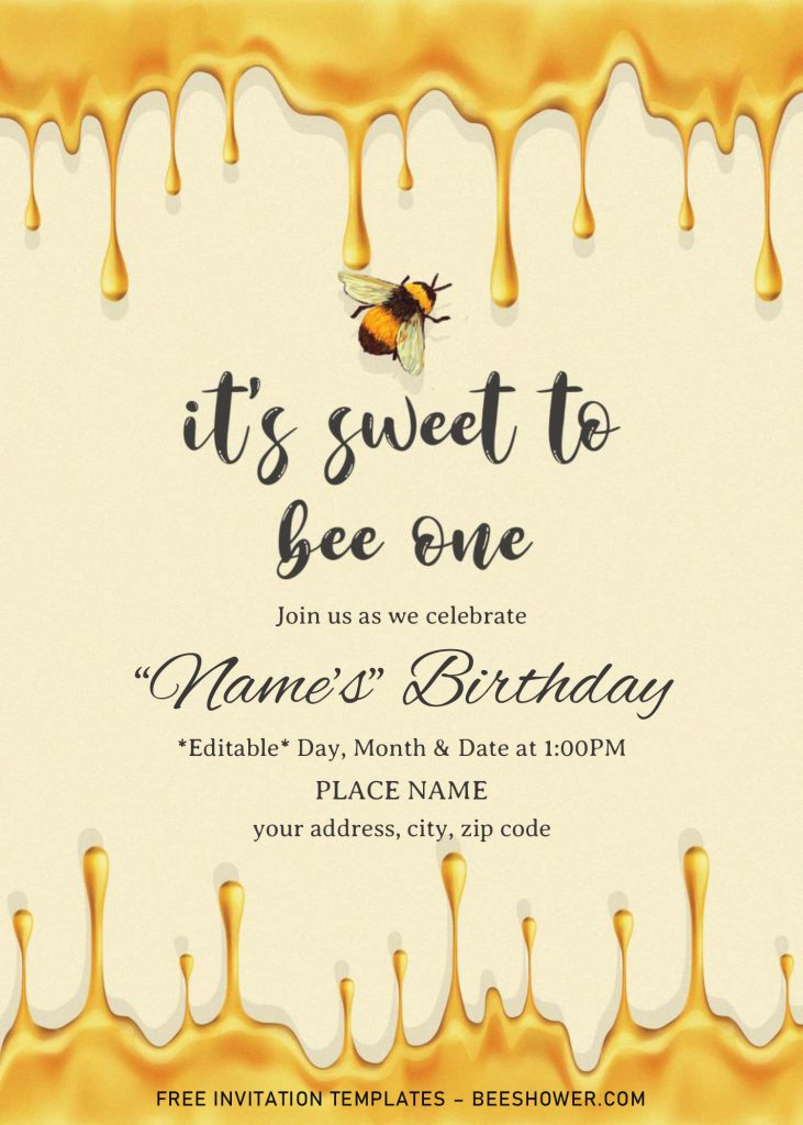 First Bee Day Baby Shower Invitation Templates For Word and has honey dripping border