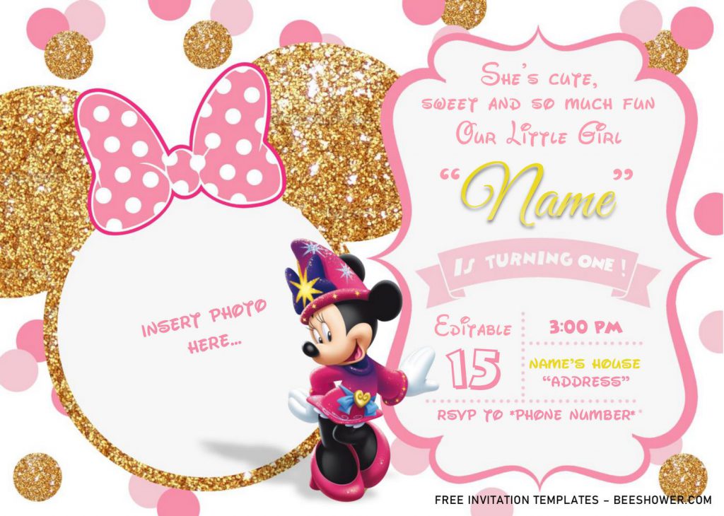 Pink And Gold Glitter Minnie Mouse Baby Shower Invitation Templates - Editable .Docx and has cute minnie wizard