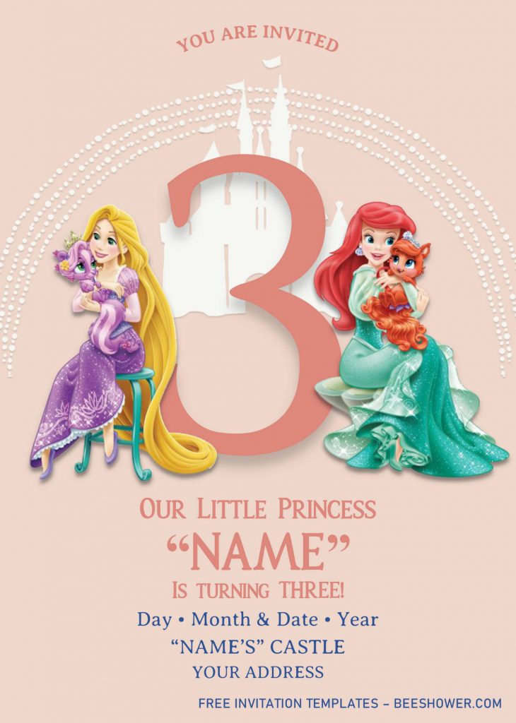Disney Princess Birthday Invitation Templates - Editable With MS Word and has rapunzel and ariel holding cats
