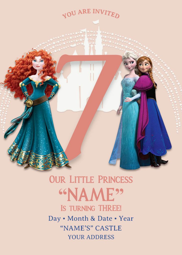 Disney Princess Birthday Invitation Templates - Editable With MS Word and has Merida Brave, Elsa and Anna From Frozen