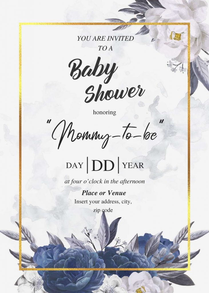 Dusty Blue Baby Shower Invitation Templates - Editable With MS Word and has white marble background and beautiful roses