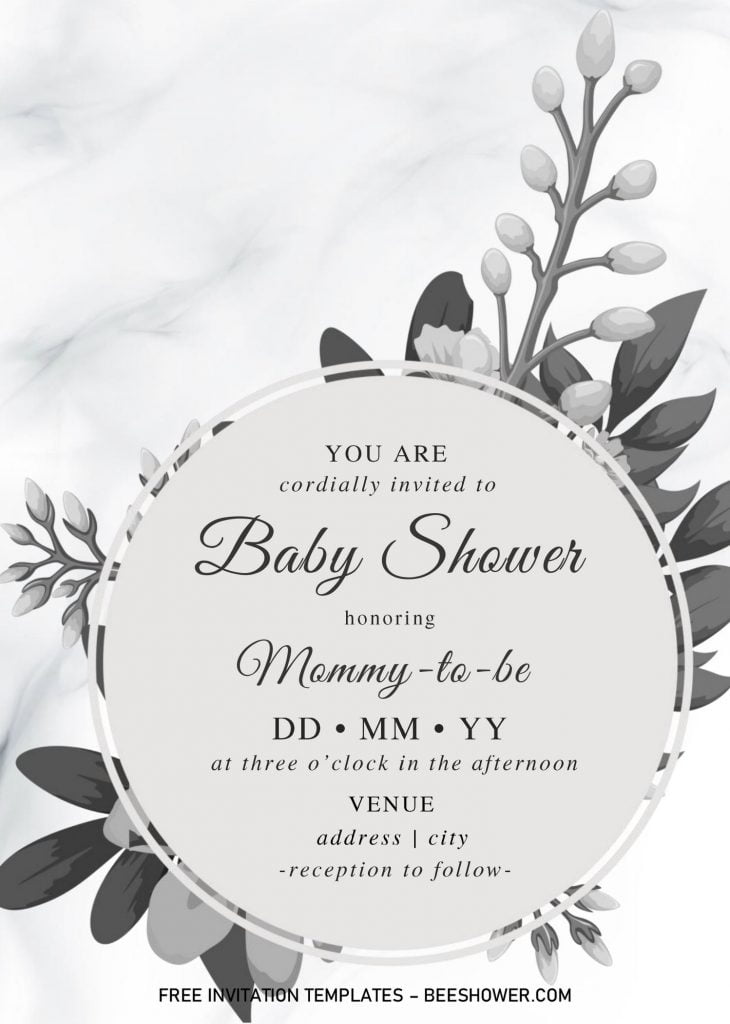 Black And White Baby Shower Invitation Templates - Editable With MS Word and has white marble background