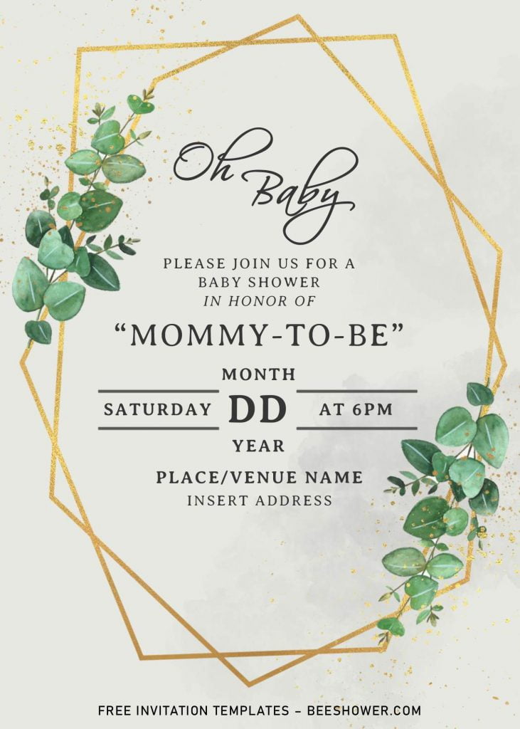 Free Greenery Geometric Baby Shower Invitation Templates For Word and has gold glitter text frame