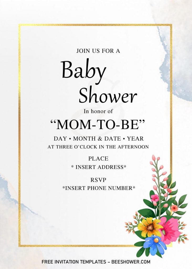 Golden Frame Baby Shower Invitation Templates - Editable With Microsoft Word and has pastel flowers