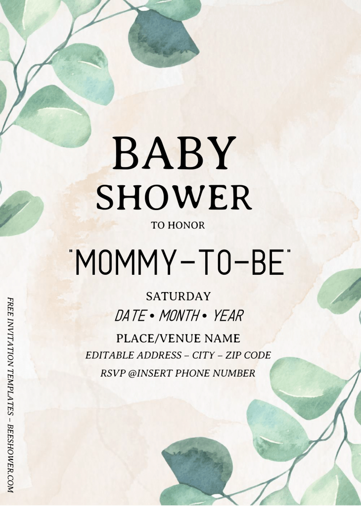Eucalyptus Baby Shower Invitation Templates - Editable .Docx and has watercolor eucalyptus