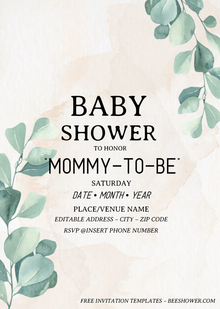 Eucalyptus Baby Shower Invitation Templates - Editable .Docx and has elegant design