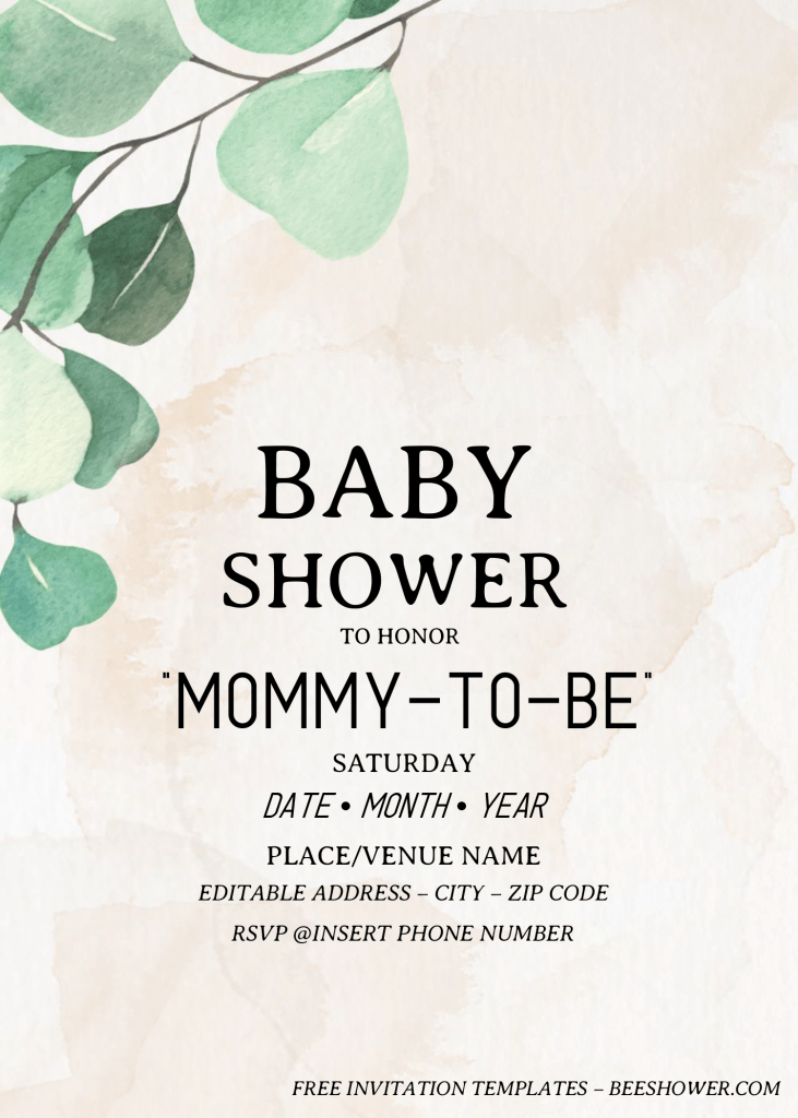 Eucalyptus Baby Shower Invitation Templates - Editable .Docx and has rustic background