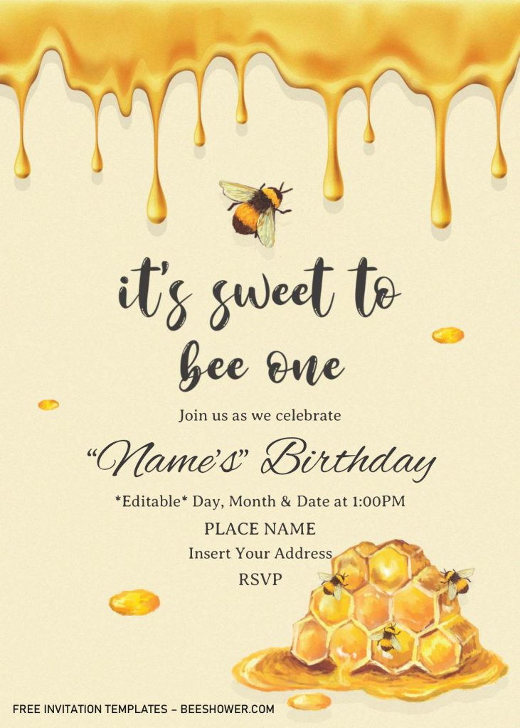First Bee Day Baby Shower Invitation Templates For Word and has golden yellow background