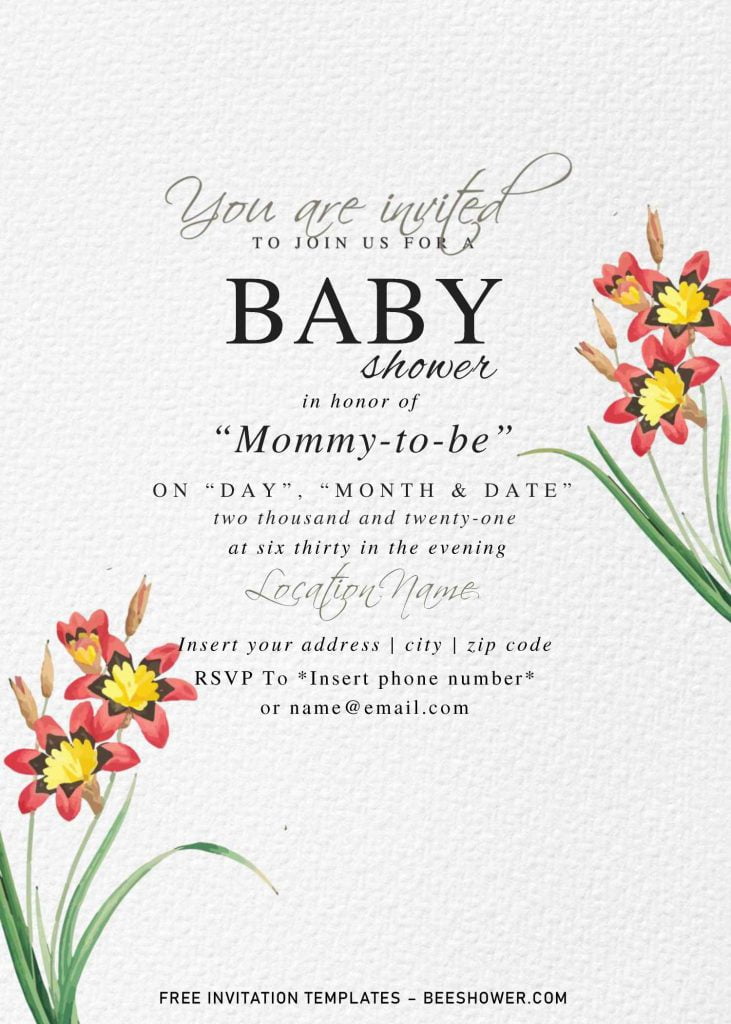 Free Botanical Floral Baby Shower Invitation Templates For Word and has green leaves and watercolor floral