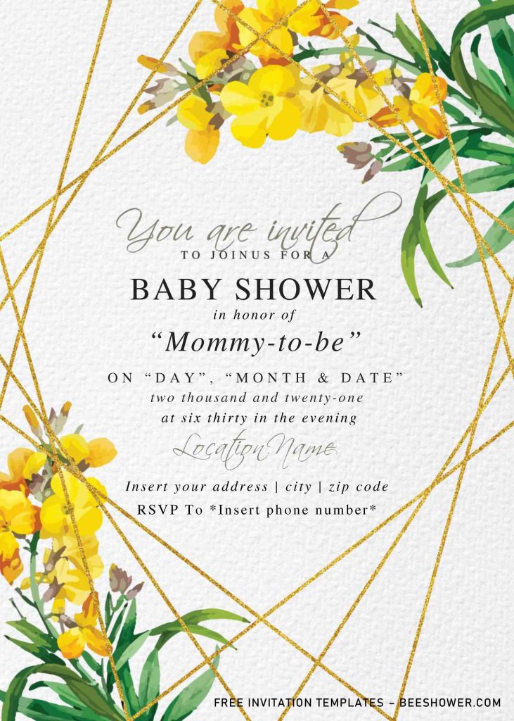Free Botanical Floral Baby Shower Invitation Templates For Word and has gold geometric pattern