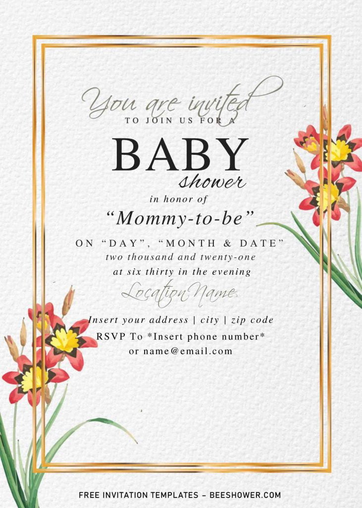 Free Botanical Floral Baby Shower Invitation Templates For Word and has portrait design and gold text frame