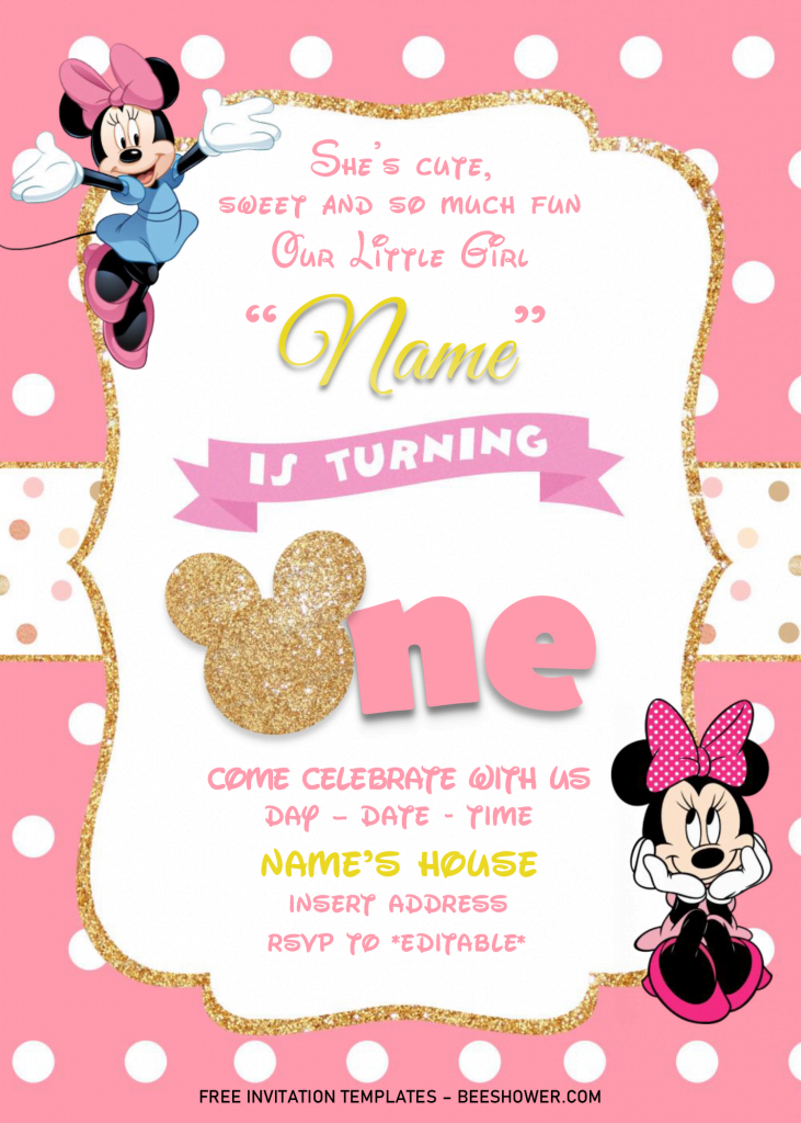 Gold Glitter Minnie Mouse Birthday Invitation Templates - Editable .Docx and has gold glitter text frame