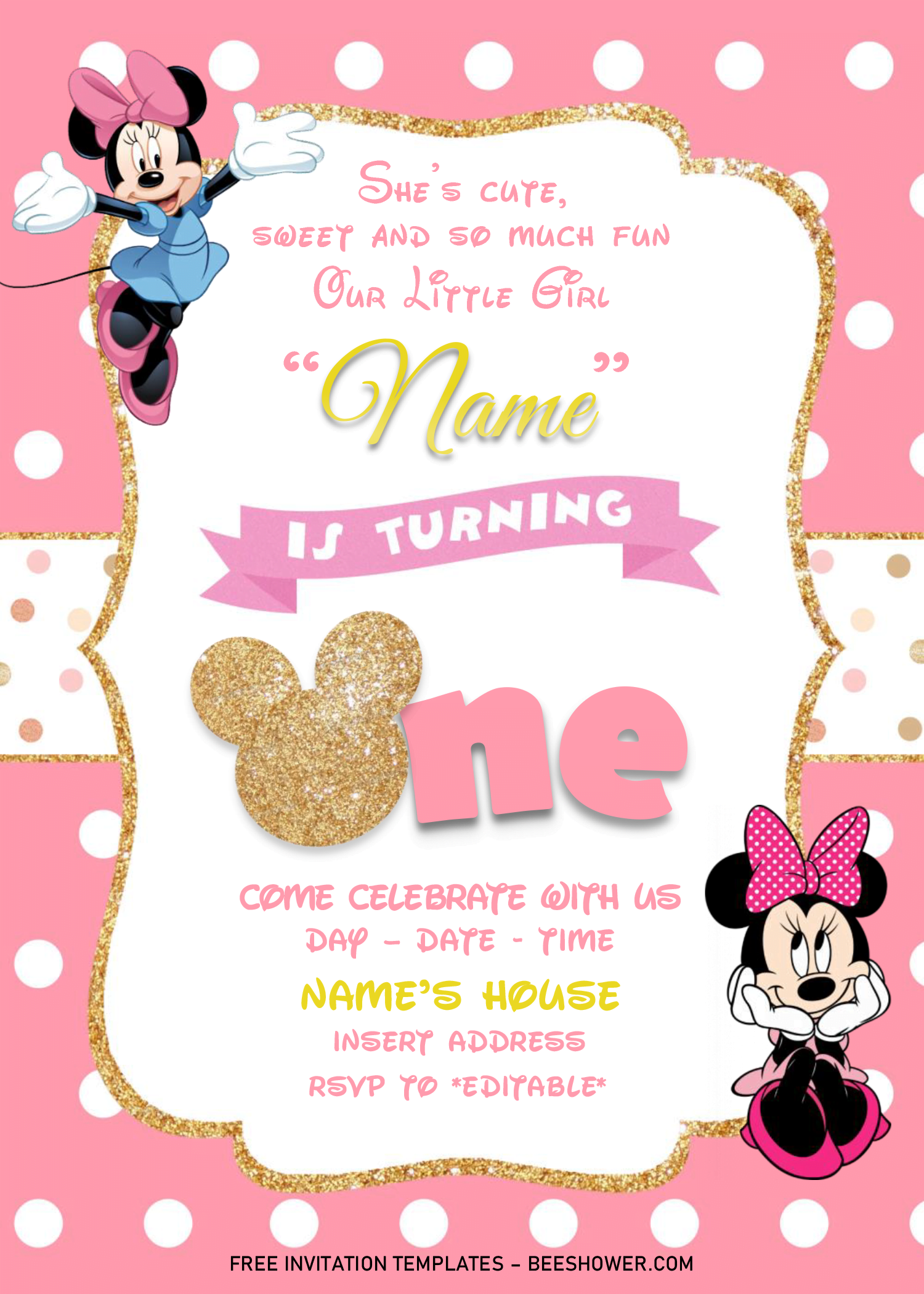 Gold Glitter Minnie Mouse Birthday Invitation Templates Editable