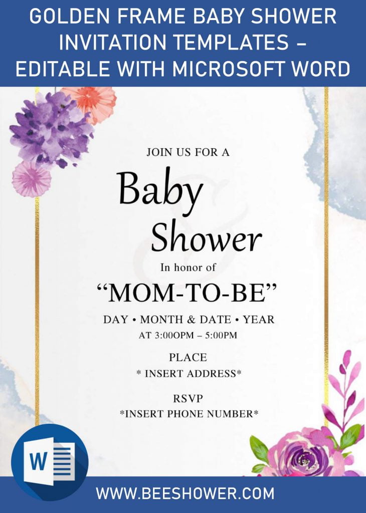 Golden Frame Baby Shower Invitation Templates - Editable With Microsoft Word and has 