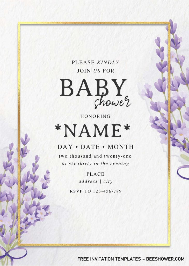 Lavender Baby Shower Invitation Templates - Editable .Docx and has 