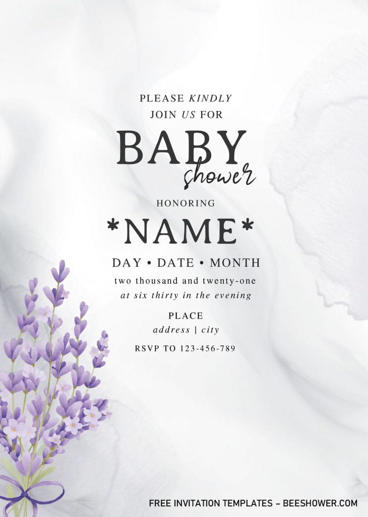 Lavender Baby Shower Invitation Templates - Editable .Docx and has white marble background