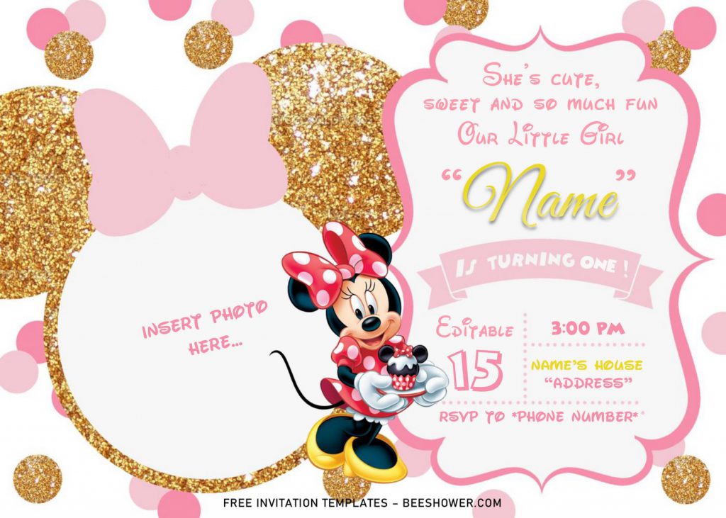 Pink And Gold Glitter Minnie Mouse Baby Shower Invitation Templates - Editable .Docx and has gold glitter picture or photo frame