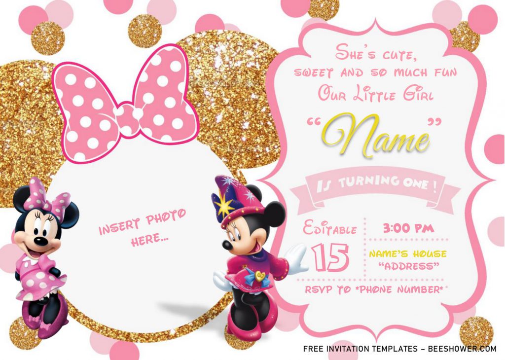 Pink And Gold Glitter Minnie Mouse Baby Shower Invitation Templates - Editable .Docx and has Minnie's white polka dot hairclip or hairpin