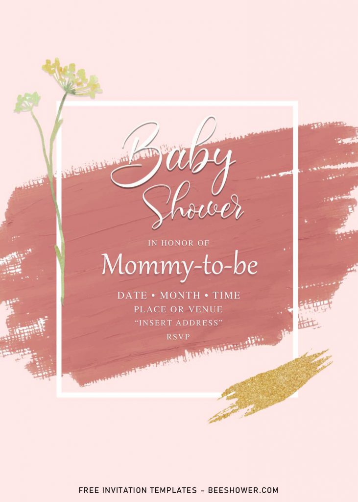 Brush Stroke Baby Shower Invitation Templates - Editable .Docx and has pink stroke