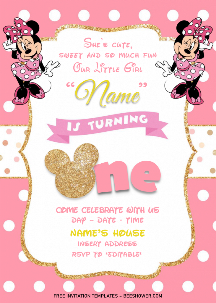 Gold Glitter Minnie Mouse Birthday Invitation Templates - Editable .Docx and has Minnie in pink dress