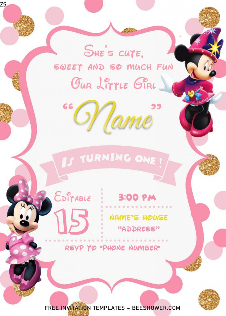 Pink And Gold Glitter Minnie Mouse Baby Shower Invitation Templates - Editable .Docx and has pink bracket frame and portrait design