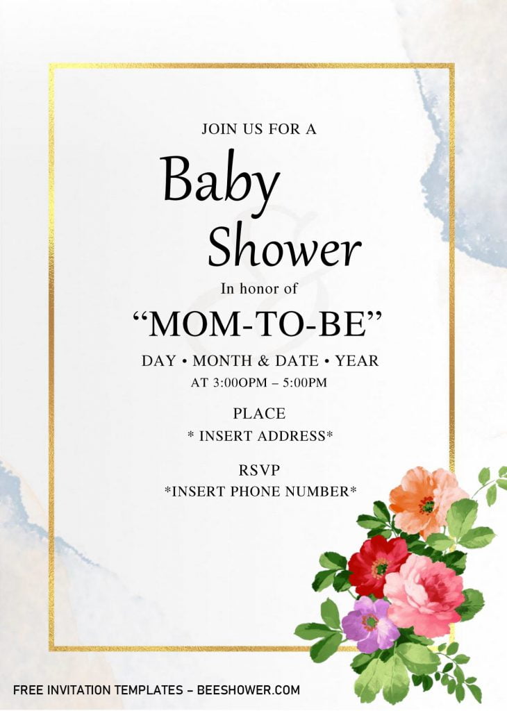 Golden Frame Baby Shower Invitation Templates - Editable With Microsoft Word and has pink roses