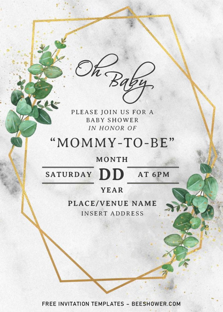 Free Greenery Geometric Baby Shower Invitation Templates For Word and has gold geometric frame