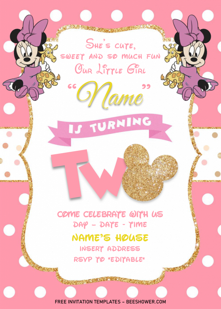 Gold Glitter Minnie Mouse Birthday Invitation Templates - Editable .Docx and has polka dots pattern