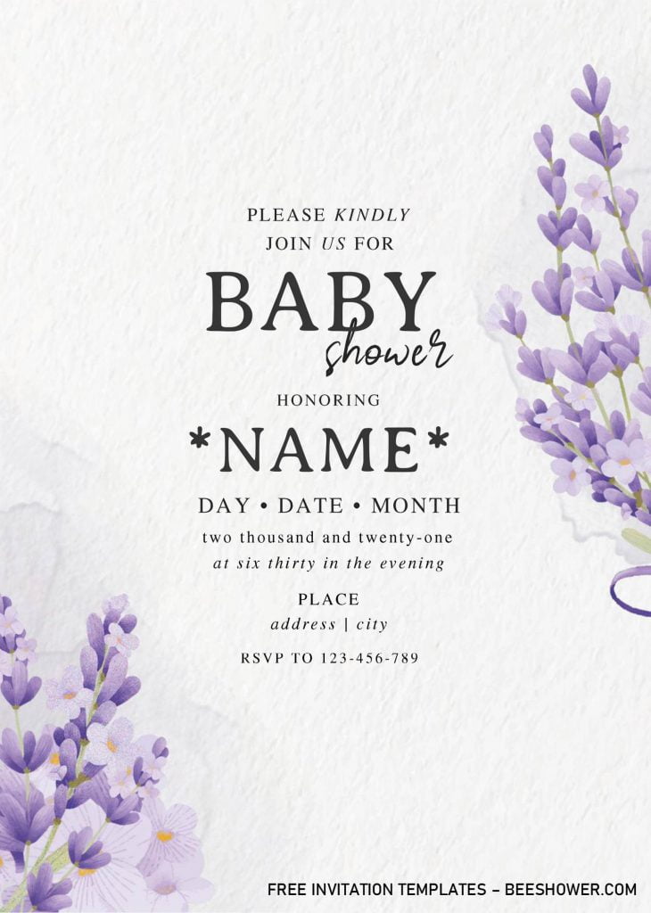 Lavender Baby Shower Invitation Templates - Editable .Docx and has rustic background