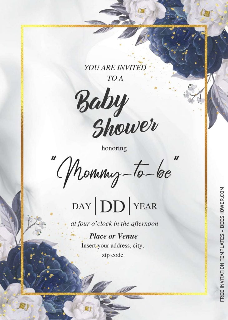 Dusty Blue Baby Shower Invitation Templates - Editable With MS Word and has gold text frame