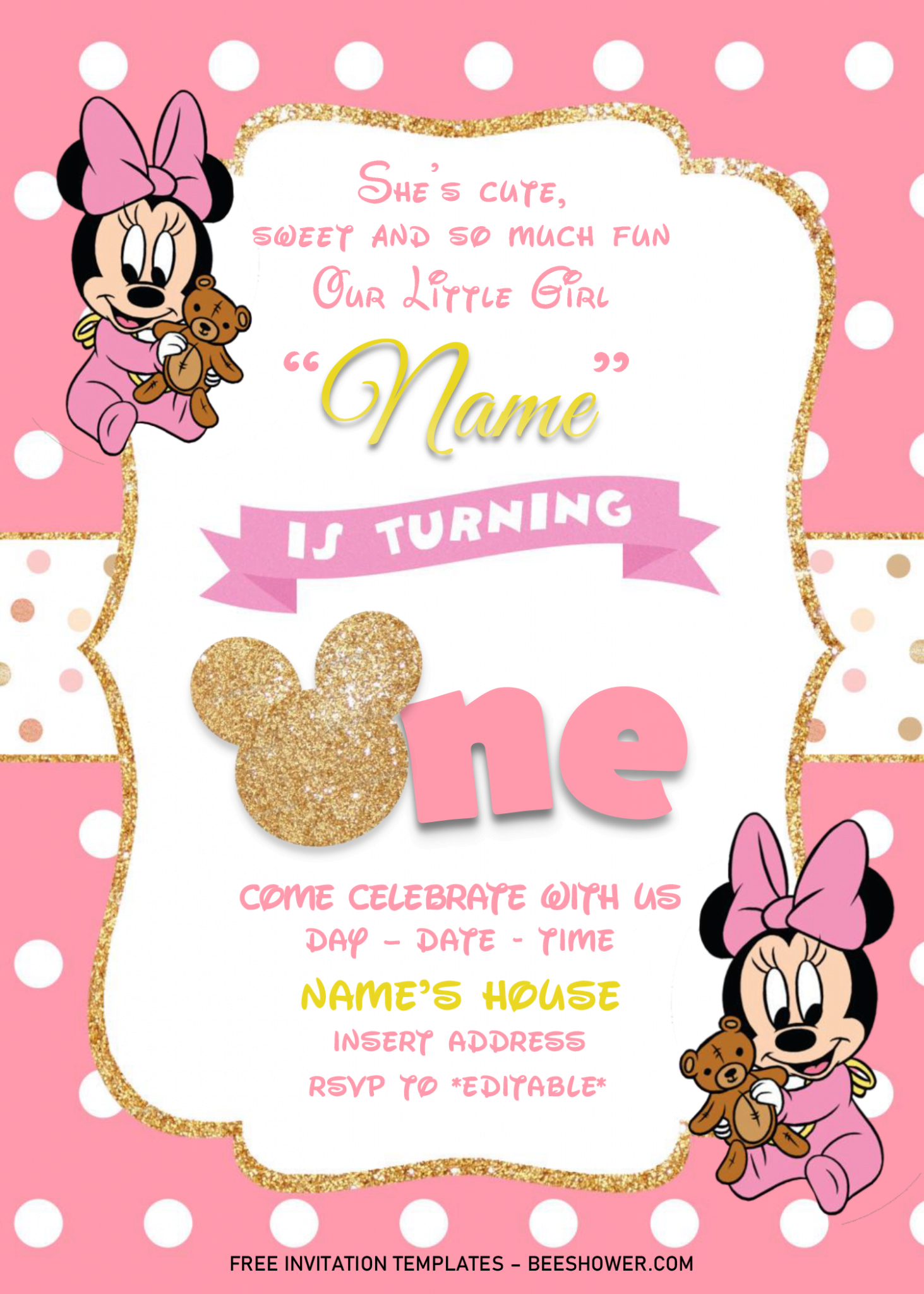 Gold Glitter Minnie Mouse Birthday Invitation Templates - Editable ...