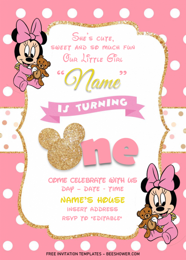 Gold Glitter Minnie Mouse Birthday Invitation Templates - Editable .Docx and has portrait design