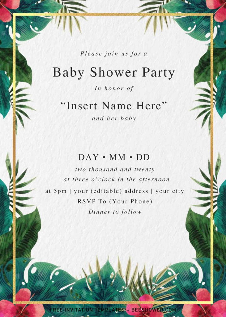 Modern Tropical Wedding Invitation Templates - Editable With MS Word and has green leaves set border design