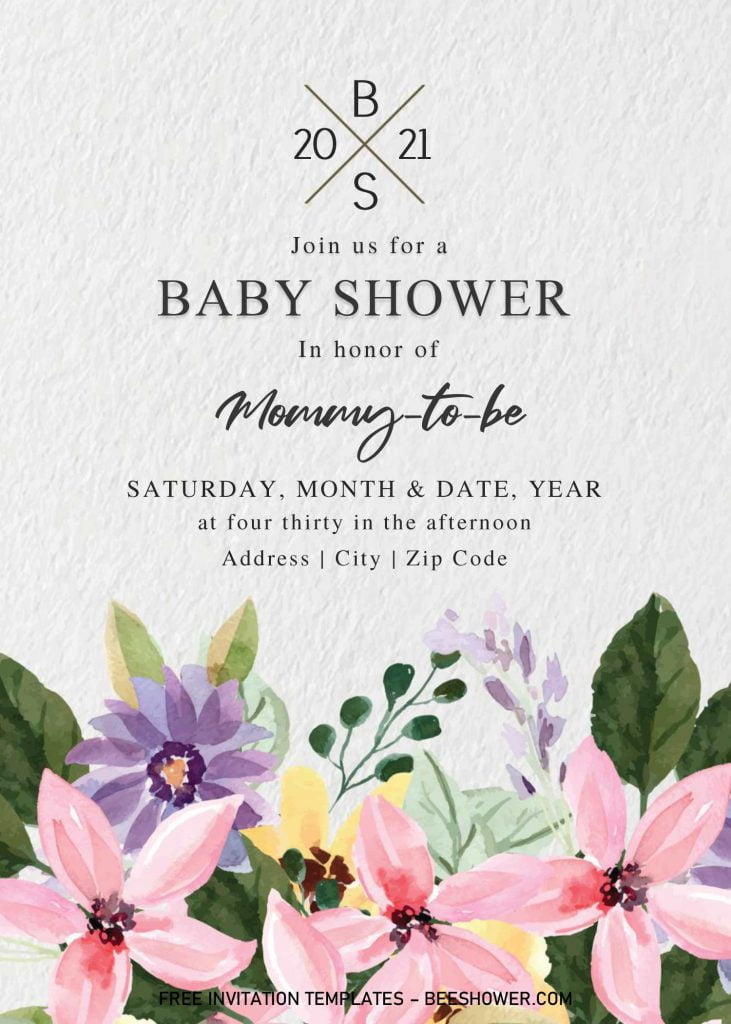 Classy Monogram Baby Shower Invitation Templates - Editable With MS Word and has watercolor floral