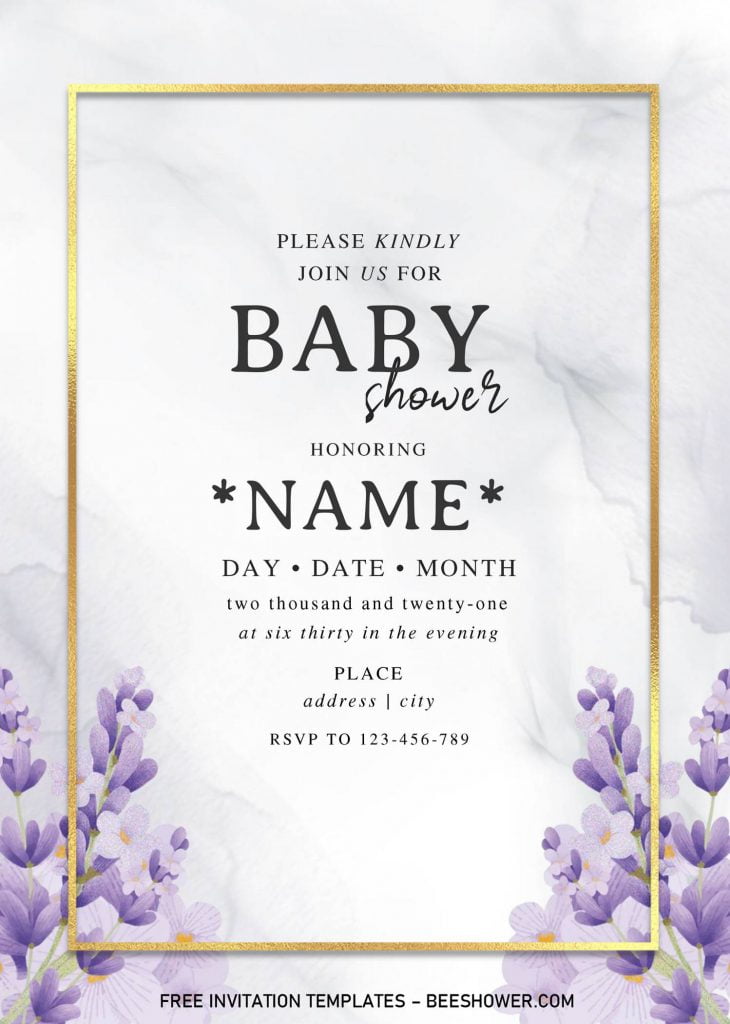 Lavender Baby Shower Invitation Templates - Editable .Docx and has gold frame