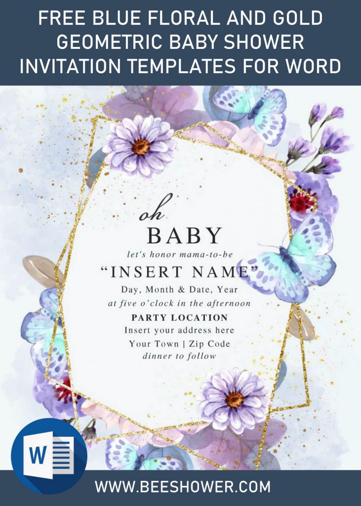 Free Blue Floral And Gold Geometric Baby Shower Invitation Templates For Word