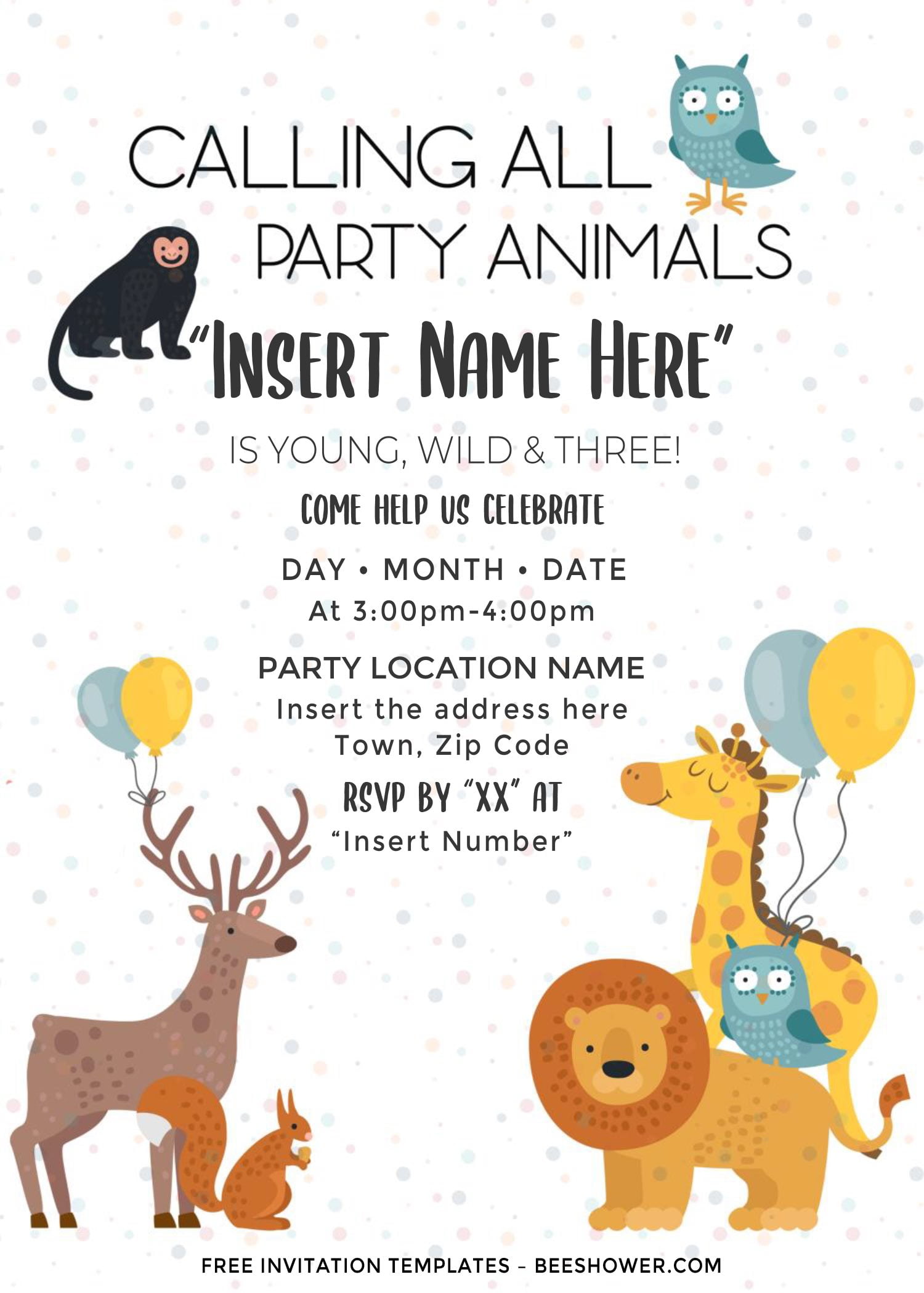Free Cute Party Animals Baby Shower Invitation Templates For Word and has colorful balloons and portrait orientation card design