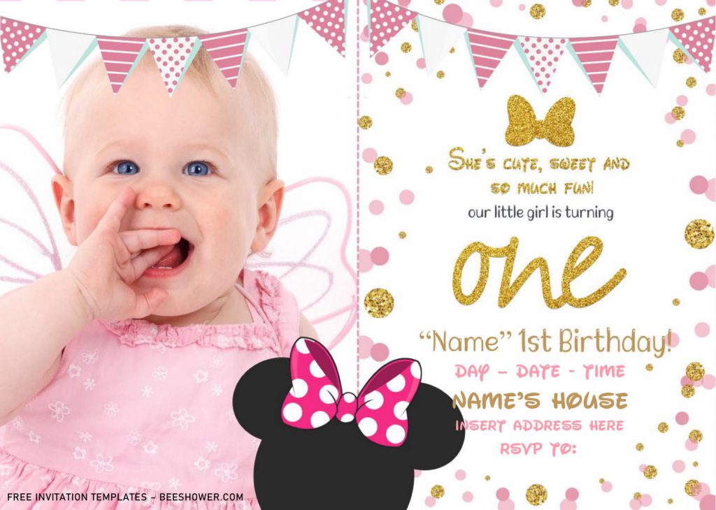 Free Sparkling Gold Glitter Minnie Mouse Baby Shower Invitation Templates For Word and has Minnie's pink hair clip