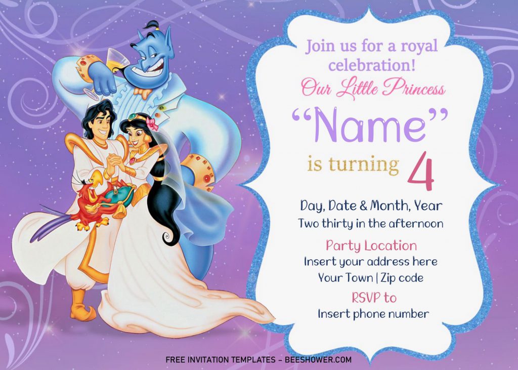 Free Aladdin Baby Shower Invitation Templates For Word and has violet background