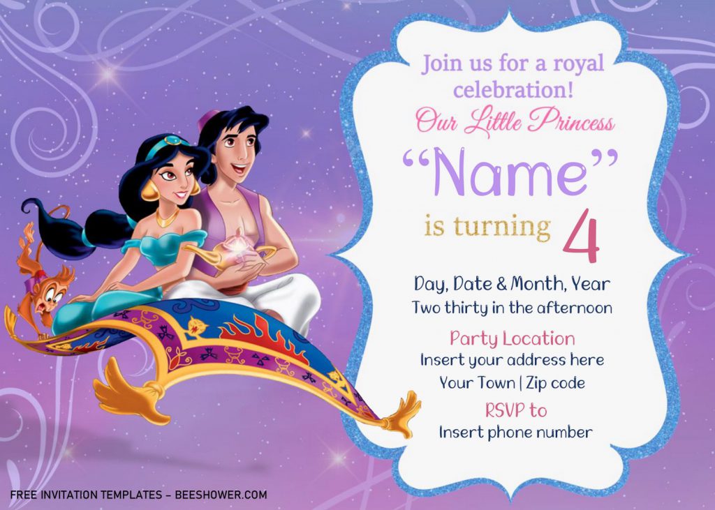 Free Aladdin Baby Shower Invitation Templates For Word and has Aladdin and Jasmine sit on Magic carpet