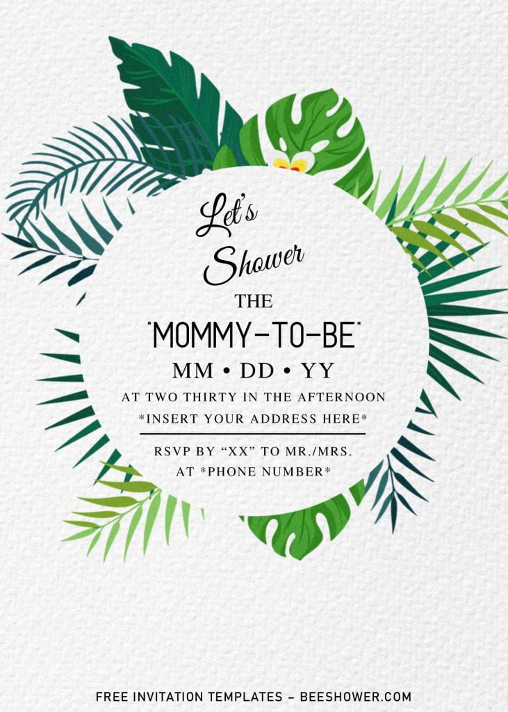 Free Summer Garden Baby Shower Invitation Templates For Word and has Green Monstera and Palm leaves