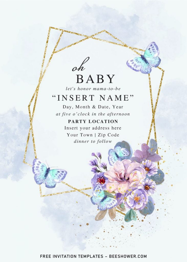 Free Blue Floral And Gold Geometric Baby Shower Invitation Templates For Word and has gold geometric frame