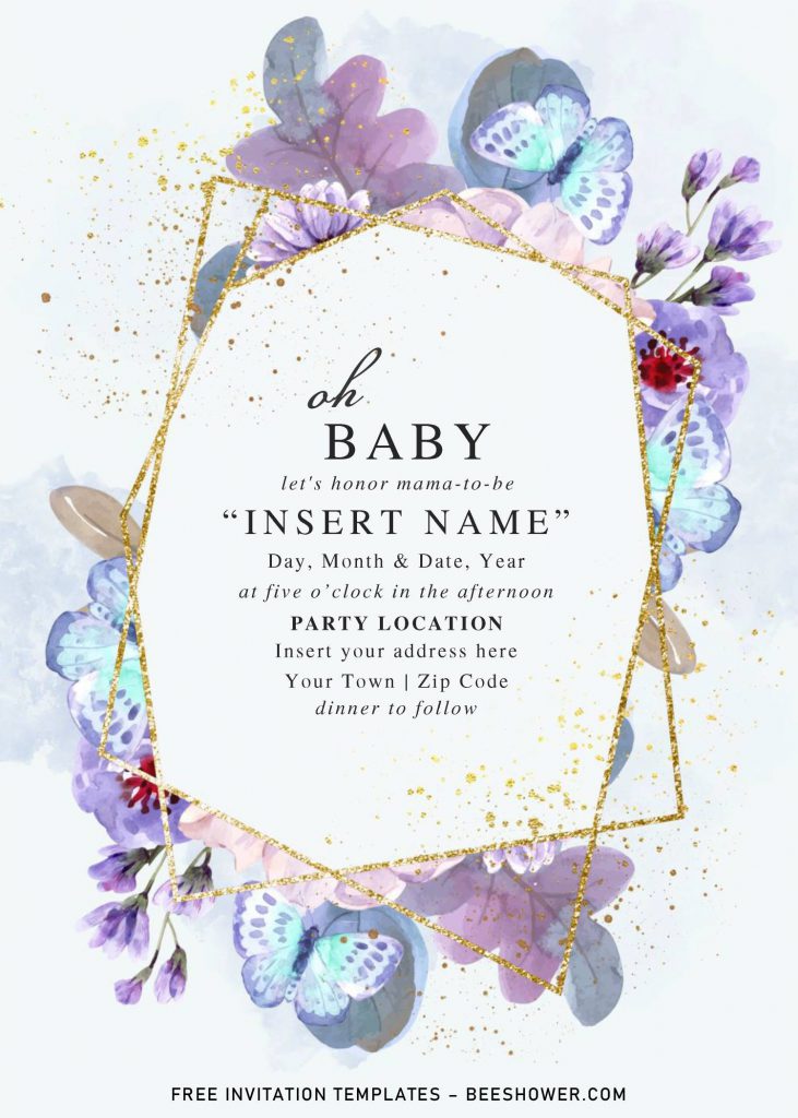 Free Blue Floral And Gold Geometric Baby Shower Invitation Templates For Word and has portrait orientation