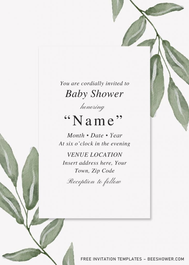 Free Botanical Leaves Baby Shower Invitation Templates For Word and has white rectangle text box and eucalyptus leaves