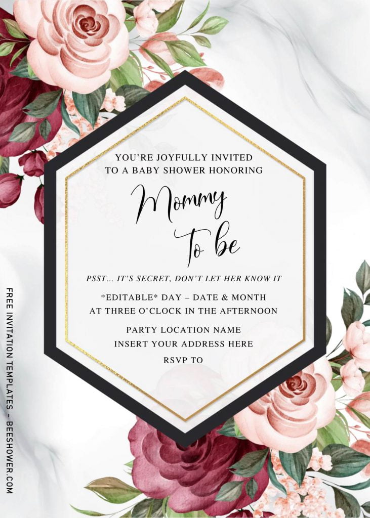 Free Burgundy Floral Baby Shower Invitation Templates For Word and has white marble background
