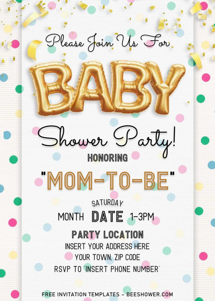 Free Gold Balloons Baby Shower Invitation Templates For Word and has Gold confetti