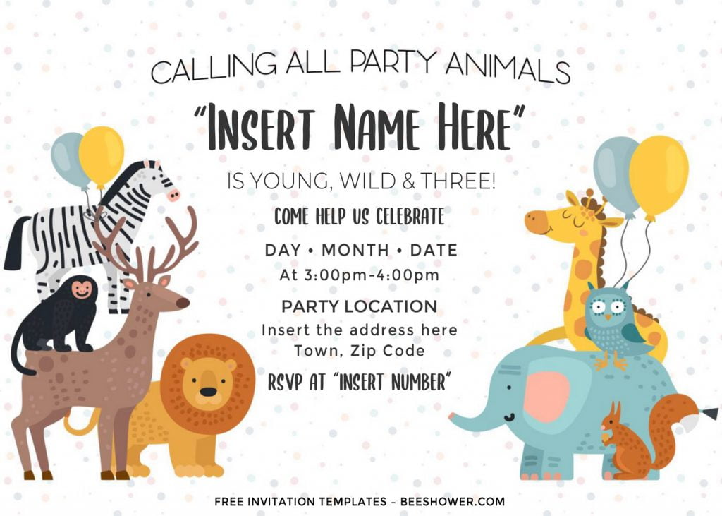 Free Cute Party Animals Baby Shower Invitation Templates For Word and has baby zebra holding balloons