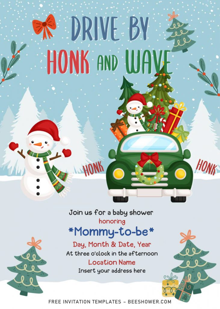 Free Winter Vintage Truck Baby Shower Party Invitation Templates For Word and has Christmas Tree and snowflakes background